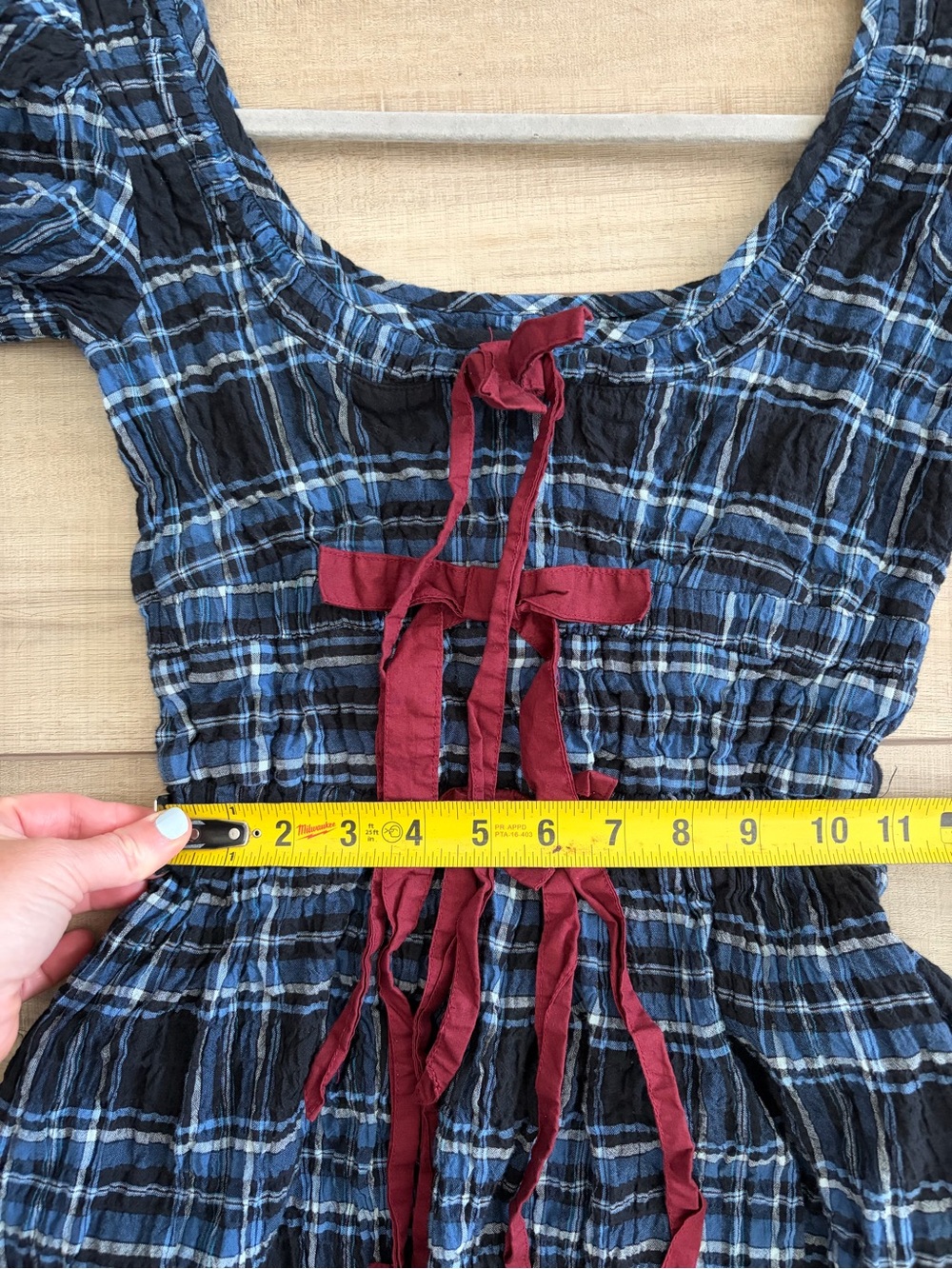 Plaid Midi Dress with Burgundy Tie Detail - Blue - Picture 9 of 11